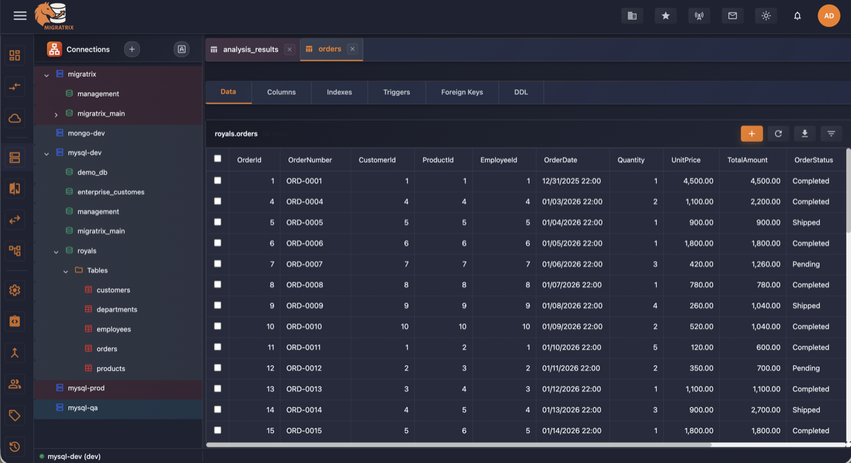 Migratrix explorer interface in dark mode